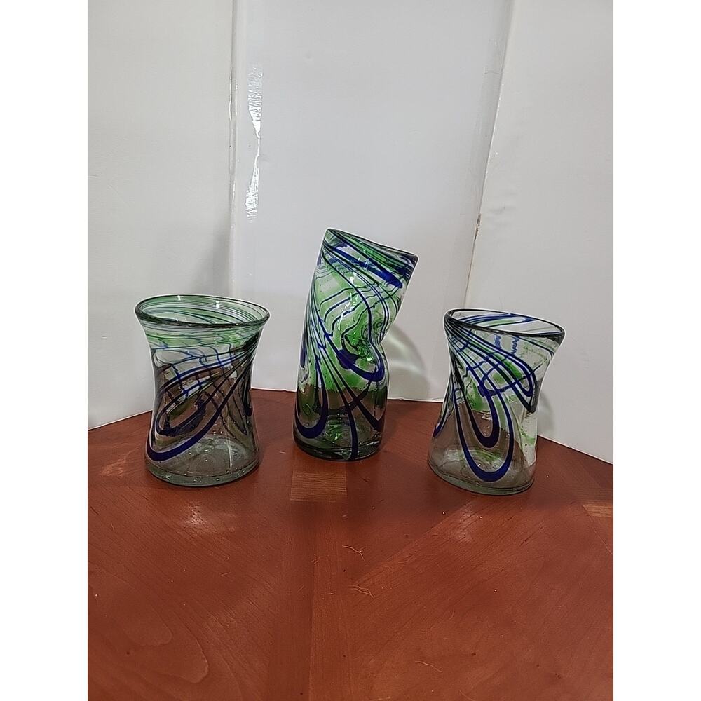 Set of 3 Novica Hand Blown Cobalt Blue & Green Swirl Abstract Art Glasses Mexico